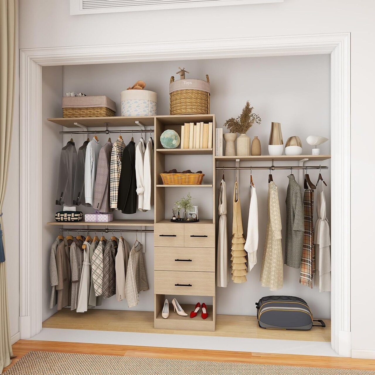 8Ft Walk-In Closet Organizer White Oak Storage System 3 Shelf Towers 4 Drawers